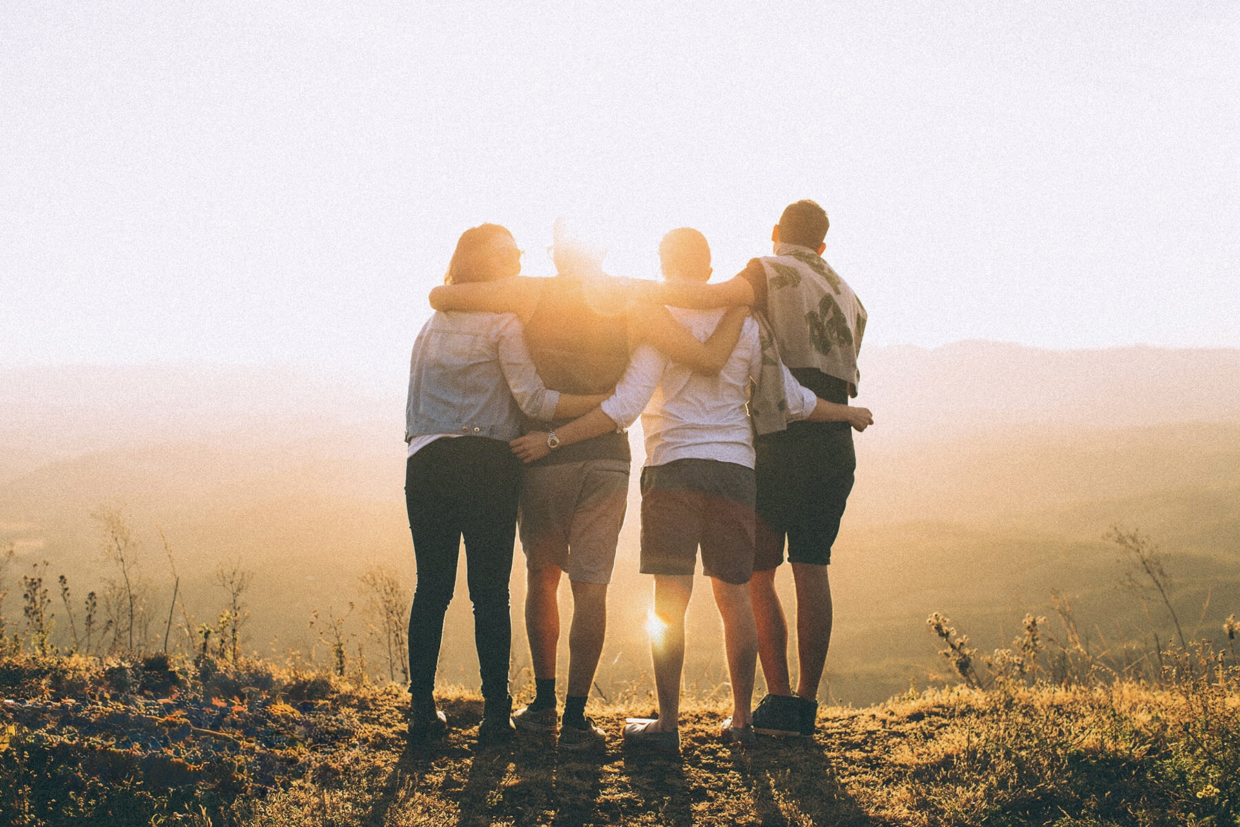 Four adults on in nature looking at a sunset